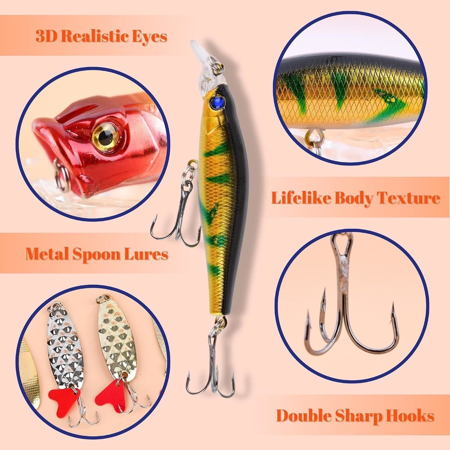 24-Piece Fishing Lure Kit Tackle Box Set - Premium Bass Lures Variety Pack with Poppers  Minnows