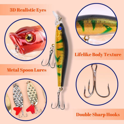 24-Piece Fishing Lure Kit Tackle Box Set - Premium Bass Lures Variety Pack with Poppers  Minnows