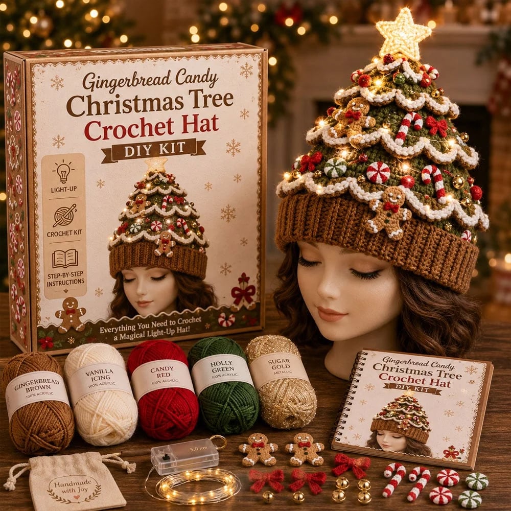 ⏳ Last Day 49% OFF – 🎄Beginner-Friendly Light-Up Christmas Tree Crochet Hat DIY Kit | Complete Kit with Coordinated Yarn, LED Lights & Step-by-Step Guide Included 💕