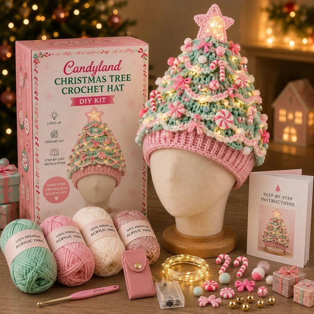 ⏳ Last Day 49% OFF – 🎄Beginner-Friendly Light-Up Christmas Tree Crochet Hat DIY Kit | Complete Kit with Coordinated Yarn, LED Lights & Step-by-Step Guide Included 💕